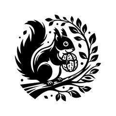 Squirrel logo vector. Squirrel with acorn vector silhouette icon on white background