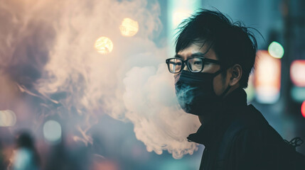 a man in a protective mask and respirator in a smoky dusty city, smog, bad ecology in big cities, environment, pollution - obrazy, fototapety, plakaty