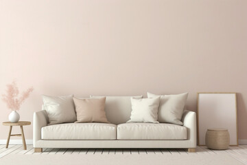 Picture the perfect harmony of a beige and Scandinavian sofa alongside a white blank empty frame...