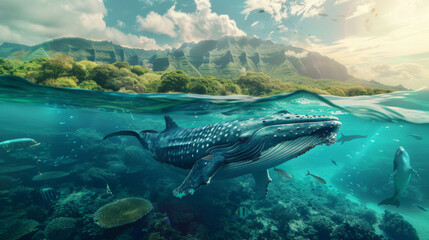 Fototapeta na wymiar Underwater view of a humpback whale near the ocean surface, with a tropical island backdrop and a rich, diverse coral reef.