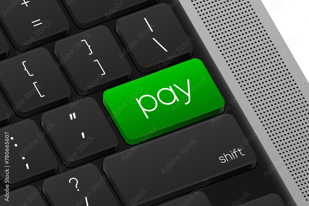 Poster pay button. computer keyboard. word on pc computer keyboard. vector illustration.