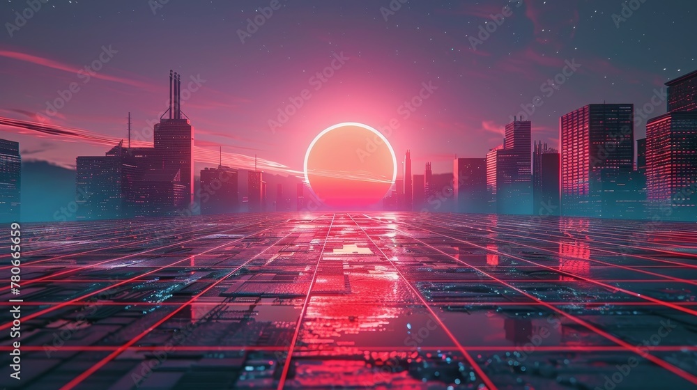 Poster an abstract 3d grid landscape featuring a neon sun and retro wave, blending futuristic aesthetics wi
