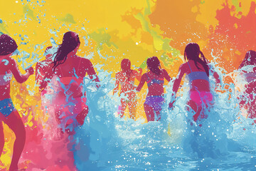 Colorful figures in water with splashes in a vivid summertime activity illustration. Lively beach scene for poster and summer fashion design - obrazy, fototapety, plakaty