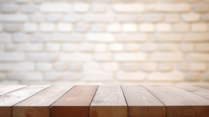 background tabletop wooden table on the background of a brick wall, blurred background, selective focus, blank, mockup, copy
