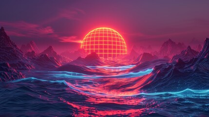 An abstract 3D landscape featuring a neon sun, grid patterns, retro elements