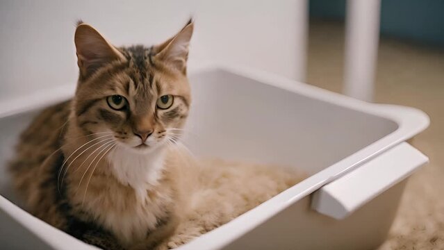 A cat in a litter box takes care of its physiological needs in a cozy and safe place.