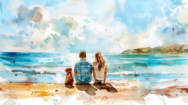 watercolor, a couple of people with a dog relaxing by the sea