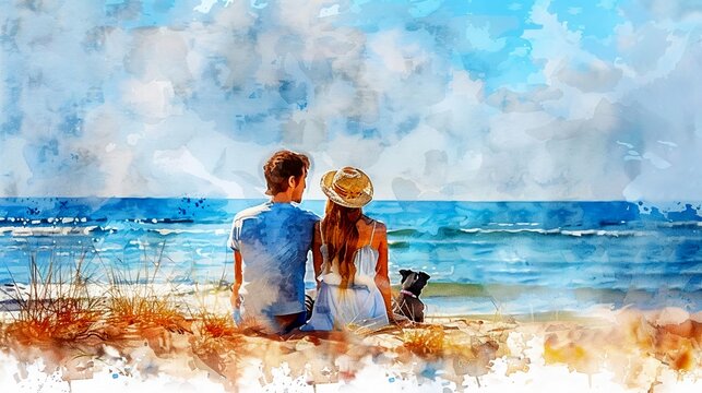 watercolor, a couple of people with a dog relaxing by the sea