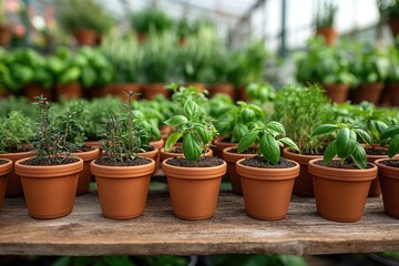 Fototapeta na wymiar Variety of potted herbs in a greenhouse setting - urban farming and fresh kitchen ingredients