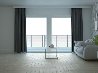 Pokój salon z zasłonami na szerokim tarasowym oknie z sofą i stolikiem kawowym © VILKTERIO