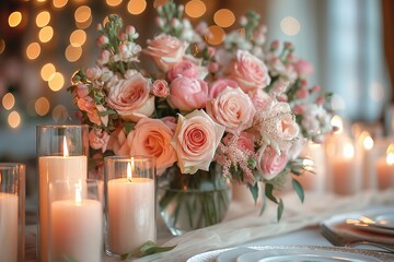 Obraz premium close up beautiful pink pastel rose posy in glass jar decorating on dining banquet table with candle lights , wedding ceremony theme concept, Generative Ai