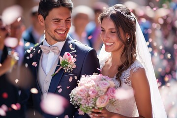 bride and groom walking on wedding aisle with smile and flower petals throwing in air, wedding ceremony theme concept, Generative Ai