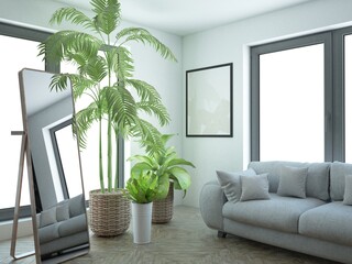 jasny i nowoczesny salon z wygodną dużą sofą i roślinami domowymi urban jungle palmami © VILKTERIO