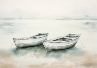 Naklejka premium boats on the shore drawing with paints, rowing boats, minimalistic landscape, marine theme, close