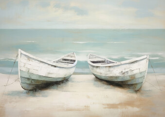 Naklejka premium boats on the shore drawing with paints, rowing boats, minimalistic landscape, marine theme, close
