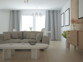 jasny i nowoczesny salon z jadalnią z wygodną dużą sofą i drewnianą ozdobną ścianą z lamelami