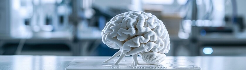 3D printed brain structure, representing neural networks, on a lab bench, no people, side angle , low noise