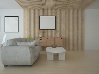 jasny i nowoczesny salon z jadalnią z wygodną dużą sofą i drewnianą ozdobną ścianą z lamelami