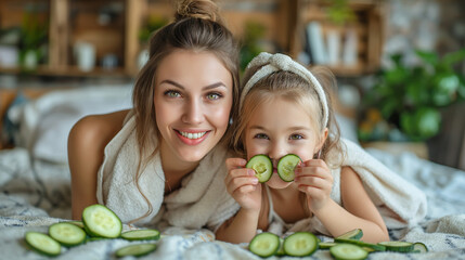 little blonde girl with mam makes a face mask from cucumber eyes in the bathroom. skin care, traditional methods