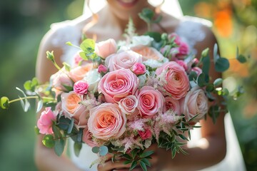 close up wedding posy bouquet holding by gorgeous bride in pretty gown , wedding ceremony theme concept, Generative Ai