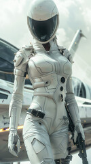 Portrait of a futuristic scifi female in front of her ship armed with laser pistol weapon ready for battle 