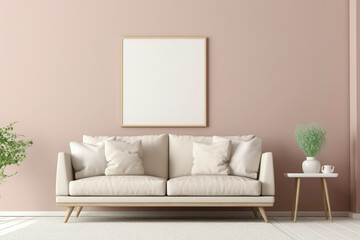 Picture the elegance of a beige and Scandinavian sofa in a tranquil setting with a white blank empty frame for copy text, against a soft color wall background.