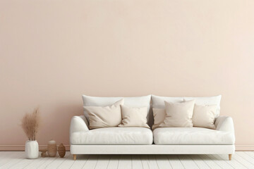Picture the elegance of a beige and Scandinavian sofa in front of a white blank empty frame for...