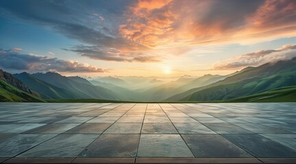Empty square floor and green mountain with sky clouds at sunset. Panoramic view, adorned with wispy clouds, forming a captivating panoramic tableau of nature's beauty