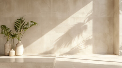 Modern beige Interior with geometrical sunlight, shadows and natural decor. Empty wall mockup Generative AI
