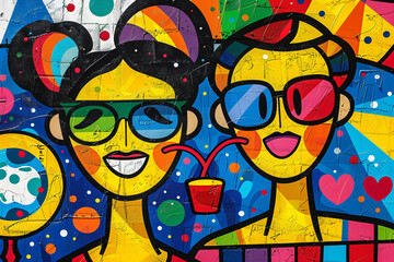 Graffiti of two stylized people with sunglasses sharing a drink. Vibrant street art with multicolored abstract background. Urban culture and youth lifestyle concept