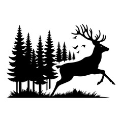 minimalist Wild deer run on the forest vector black color silhouette, Black color silhouette, isolated white background (26)