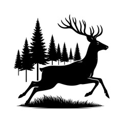 minimalist Wild deer run on the forest vector black color silhouette, Black color silhouette, isolated white background (28)