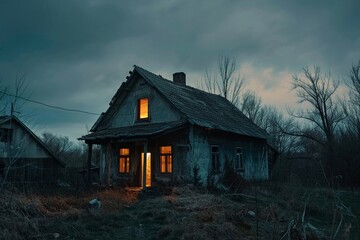 Abandoned house at twilight, windows aglow with an eerie light, perfect for a haunting, no people, wide angle , 8K Ultra HD
