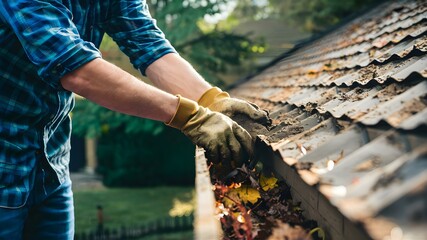 Autumn Gutter Cleanup: Debris Removal. Concept Autumn Cleanup, Gutter Maintenance, Debris Removal, Seasonal Chores, Outdoor Home Improvement - obrazy, fototapety, plakaty