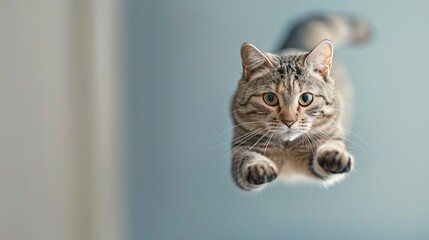 funny cat flying. photo of a playful tabby cat jumping mid-air looking at camera. background with...