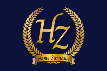 Initial letter H and Z, HZ monogram logo design with laurel wreath. Luxury golden calligraphy font. - obrazy, fototapety, plakaty