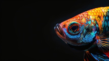 Vivid close-up of a rainbow fighting fish, its dynamic elegance set against a pitch-black background