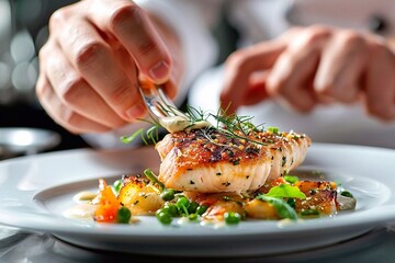 Hands of a chef garnishing fish fillet with herbs and vegetables. grilled salmon with vegetables