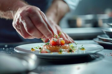 Chef preparing and decorating food on a plate in the kitchen, hands close-up. Food and cuisine concept