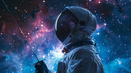 Astronaut with epee against a backdrop of stars, portrait where fencing meets space exploration, lights alive - obrazy, fototapety, plakaty