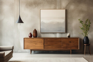 Picture a stylish living room adorned with a wooden cabinet and dresser against a textured concrete...