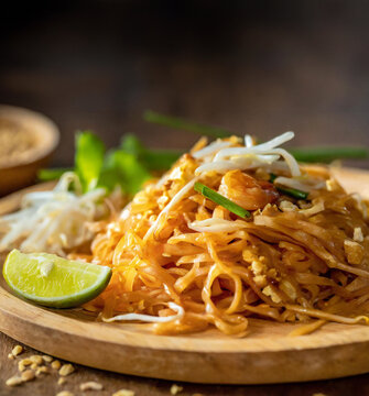 A close up, macro photo of a beautifully prepared plate of smoky spicy pad Thai - fresh lime, basil, onion adorn this classic Thai menu favorite with beautiful details in professional studio lighting.