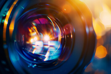 Close-Up of Camera Lens with Colorful Light Flares - obrazy, fototapety, plakaty