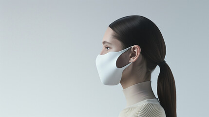 Profile View of a Young Woman Wearing a White Protective Mask