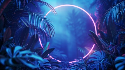 Fototapeta premium An enchanting neon circle with tropical leaves, casting a glow in the dark, blue jungle