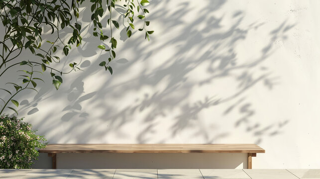 Empty wood table standing with plants leaves and shadows