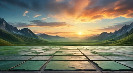 Empty square floor and green mountain with sky clouds at sunset. Panoramic view, adorned with wispy clouds, forming a captivating panoramic tableau of nature's beauty - obrazy, fototapety, plakaty