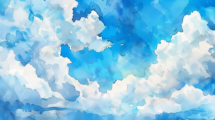 A painting of a blue sky with white clouds. The painting gives off a feeling of calmness and serenity - obrazy, fototapety, plakaty