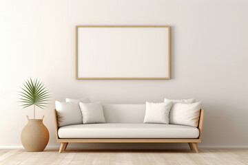 Picture a serene scene with a beige and Scandinavian sofa beside a white blank empty frame for copy text, against a soft color wall background.