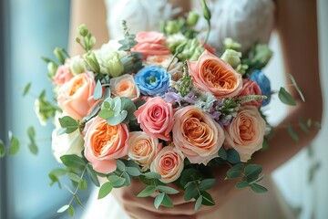 close up wedding posy bouquet holding by gorgeous bride in pretty gown , wedding ceremony theme concept, Generative Ai